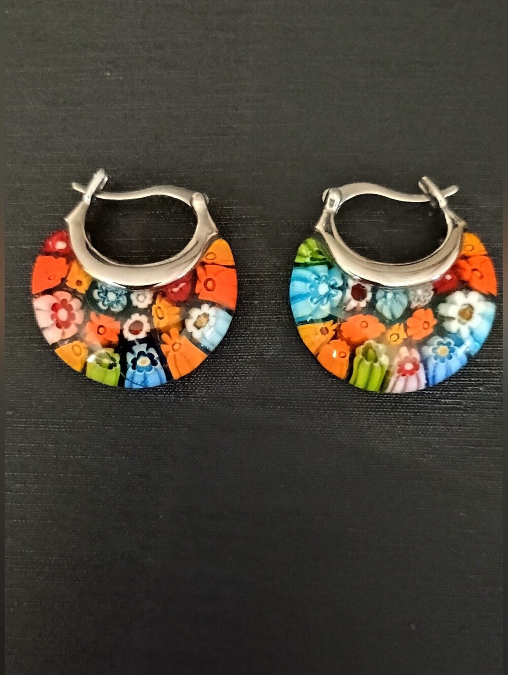 Multicolor Millefiori  Murano Style Hoop Earrings